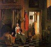 Pieter de Hooch, Mother Lacing her Bodice Beside a Cradle